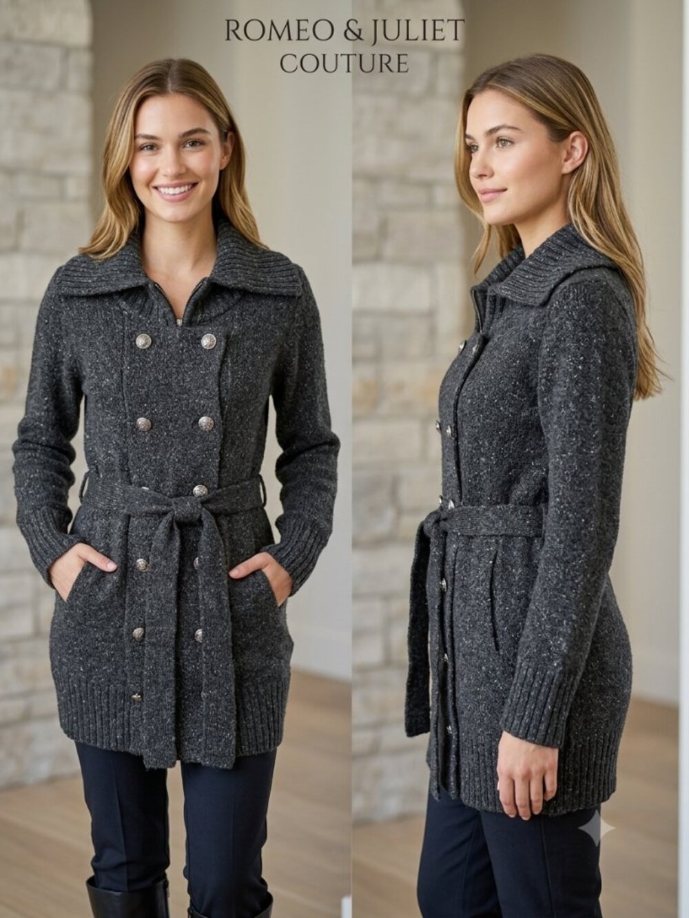 Romeo & Juliet Gray Long Zipper Silver Button Belted Sweater Coat Size Small NEW